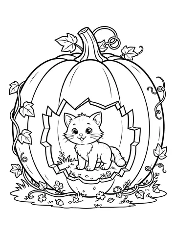 Desenho de abóbora com gatinho dentro para colorir