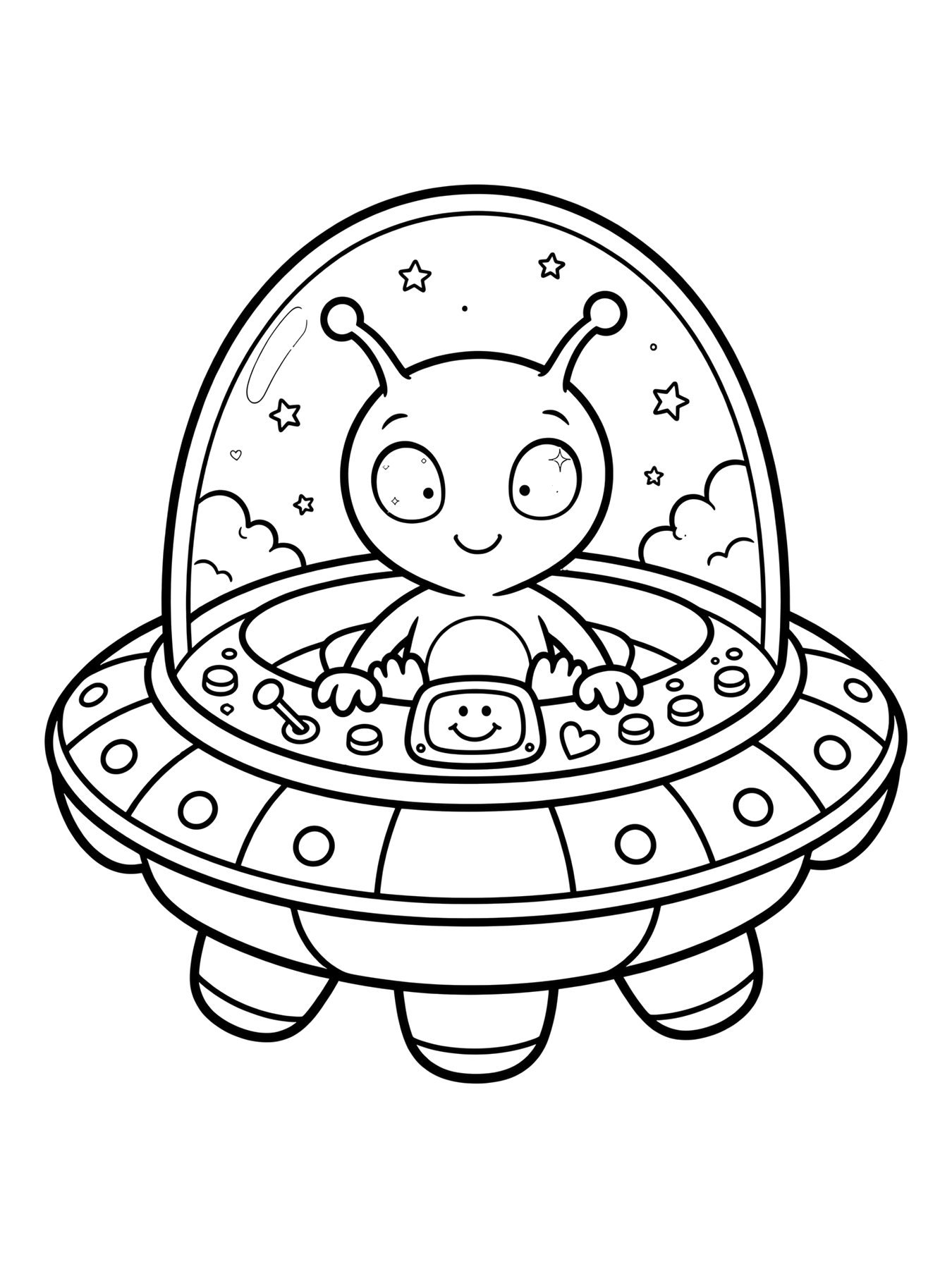 Desenho de alienígena fofo no disco voador para colorir