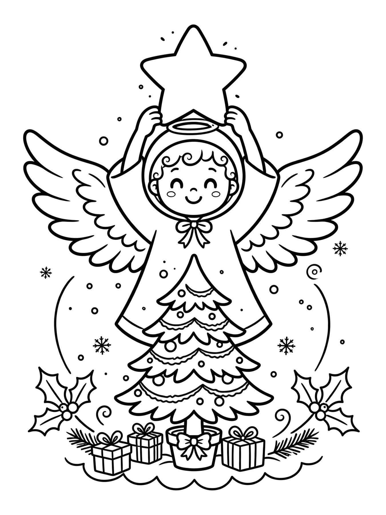 Desenho de anjo de Natal com estrela para colorir