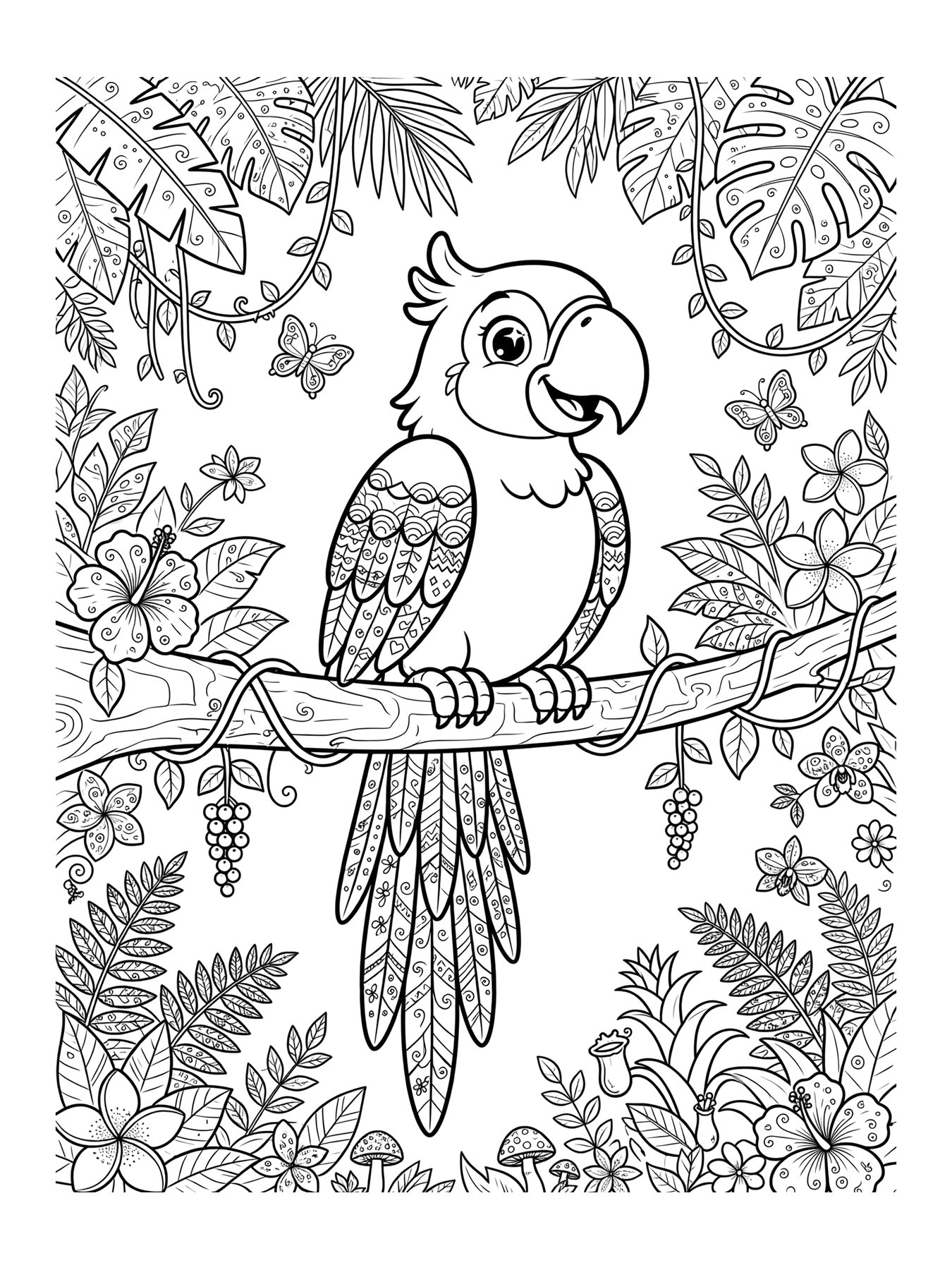 Desenho de arara no galho para colorir