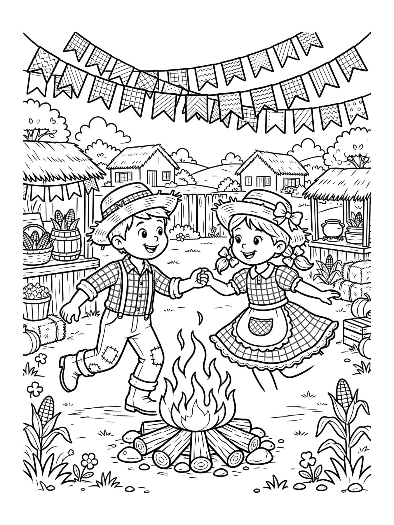 Desenho de arraiá com bandeirinhas e fogueira para colorir