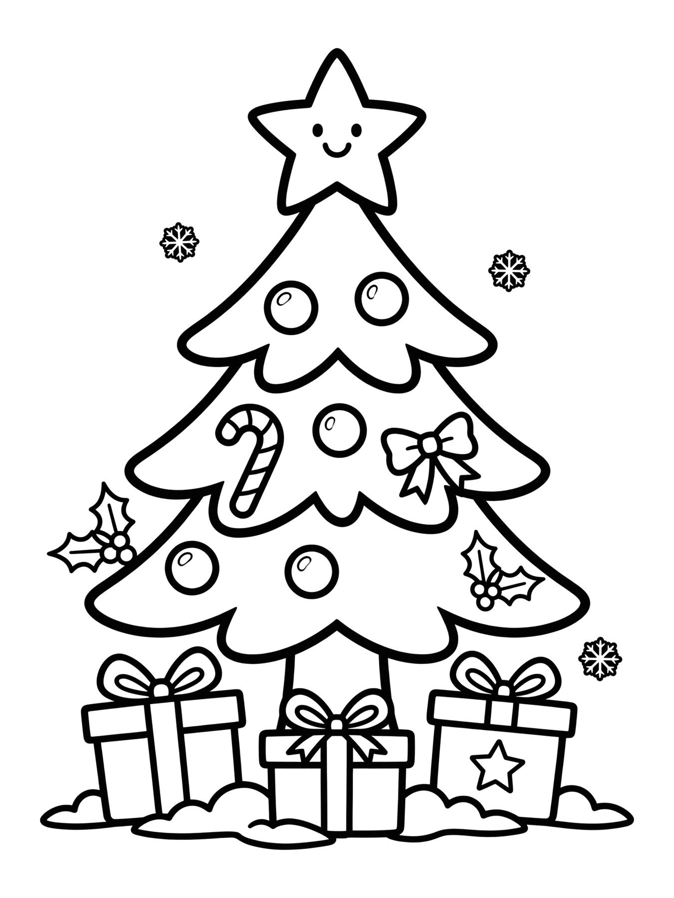 Desenho de árvore de Natal decorada com estrela para colorir