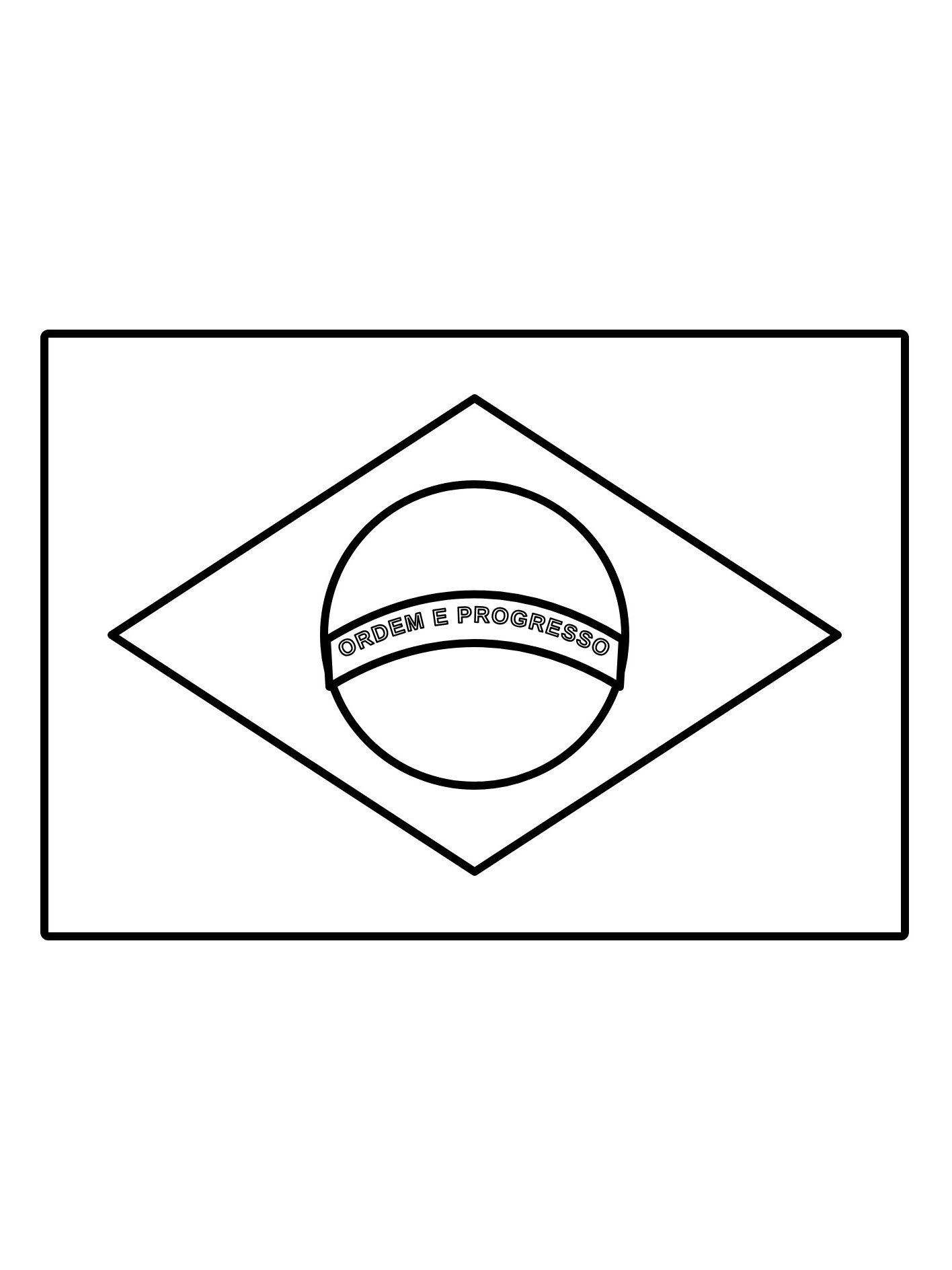 Desenho da bandeira do Brasil com losango, círculo e faixa Ordem e Progresso, para colorir