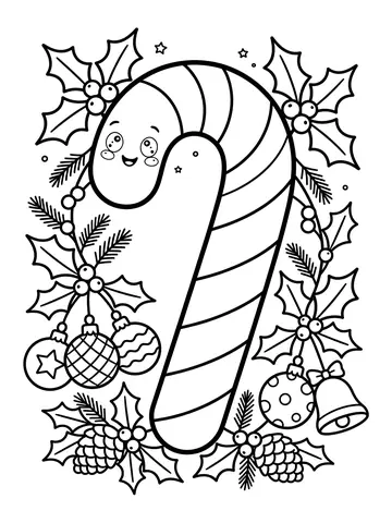 Desenho de bengala doce e enfeites para colorir