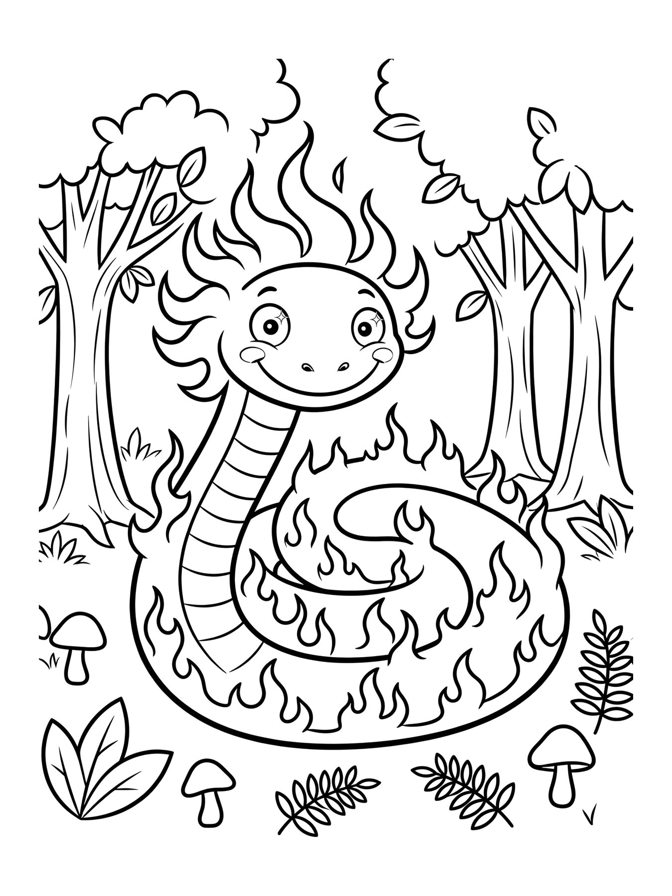 Desenho de boitatá cobra de fogo na floresta para colorir
