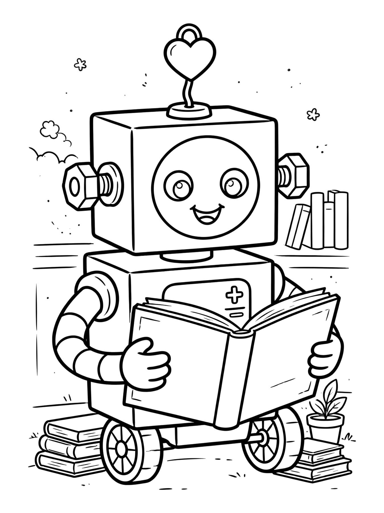 Desenho de bolt o robô lendo um livro para colorir
