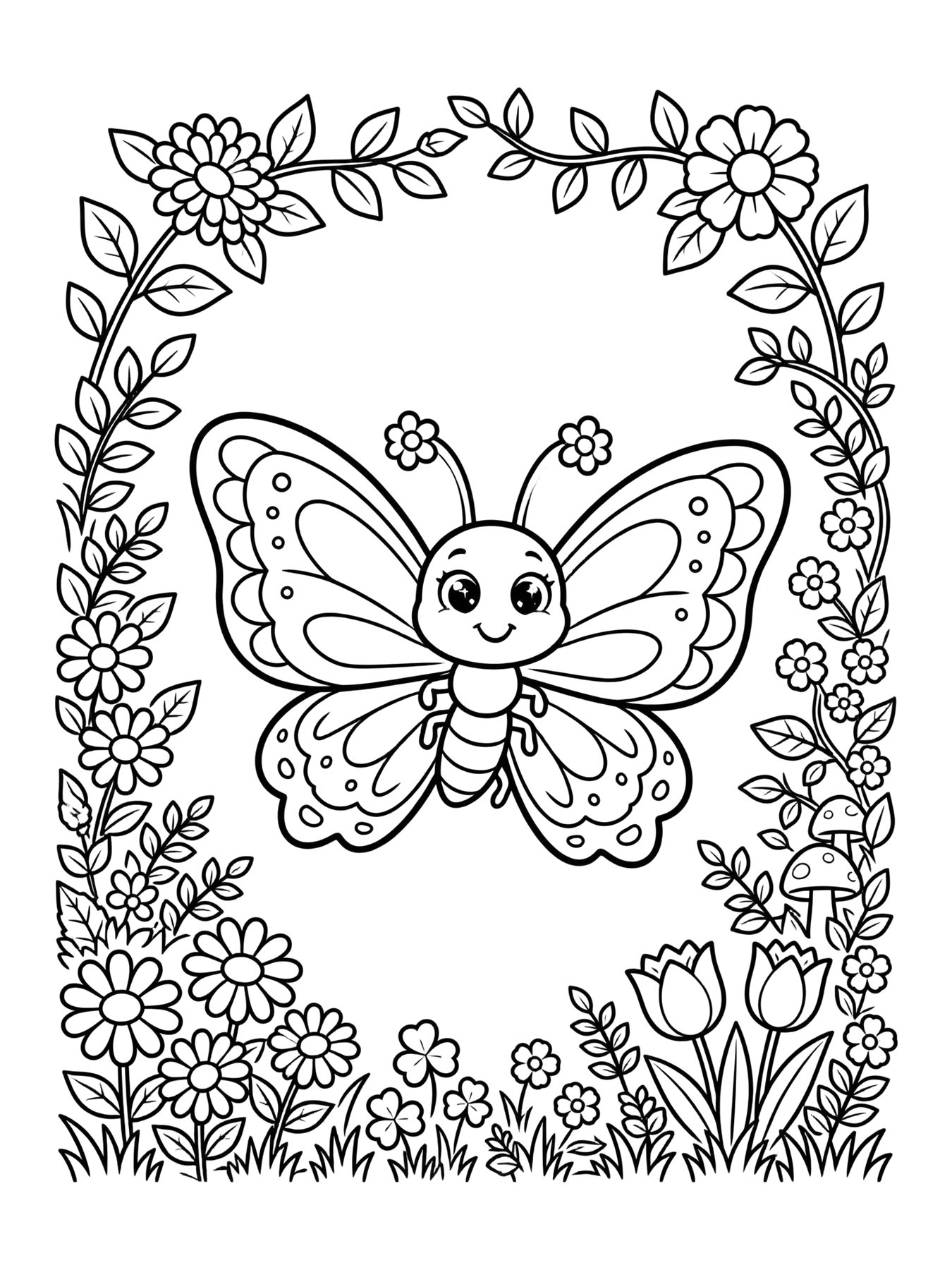 Desenho de borboleta com flores ao redor para colorir