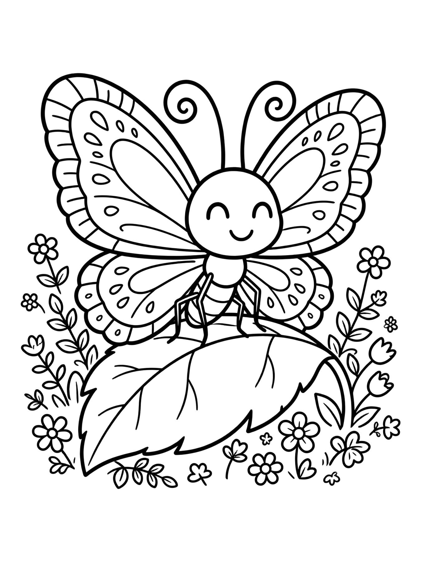 Desenho de borboleta fofa com antenas enroladas para colorir