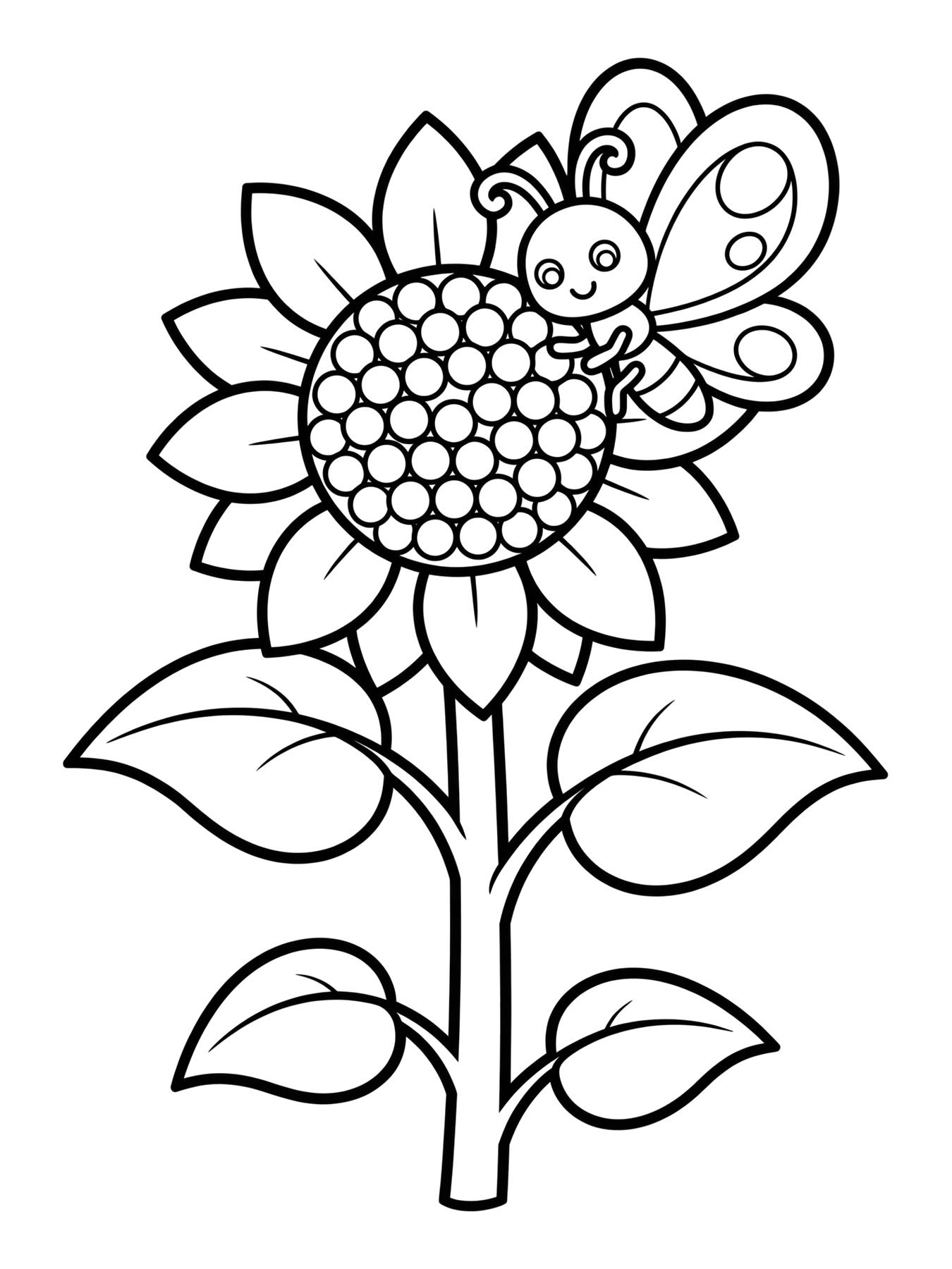 Desenho de borboleta na flor de girassol para colorir
