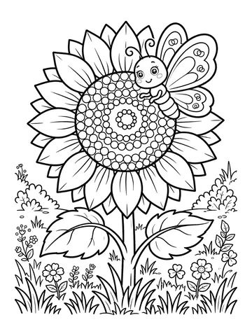 Desenho de borboleta sobre girassol para colorir