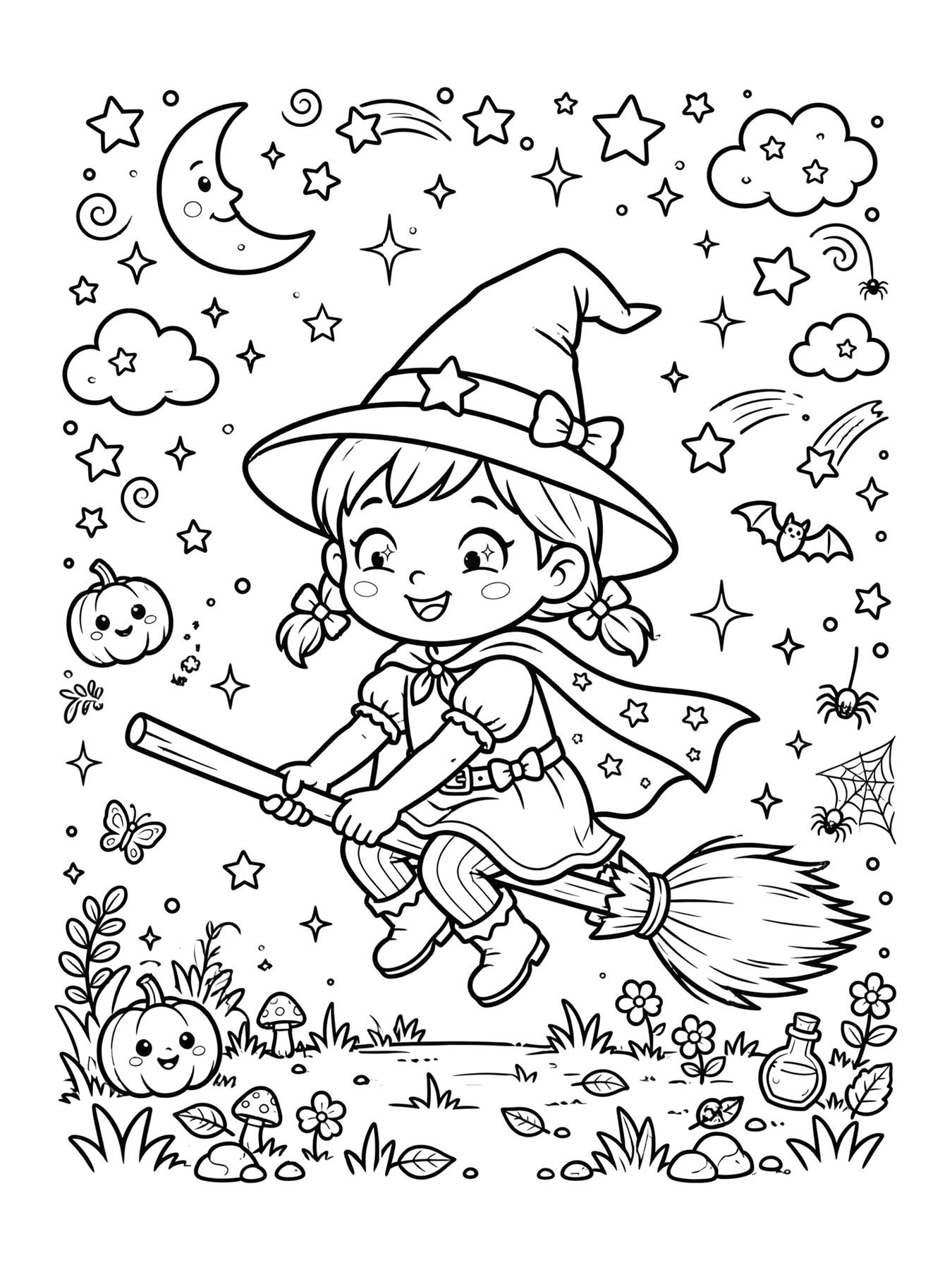 Desenho de bruxinha fofa voando na vassoura sob a lua para colorir