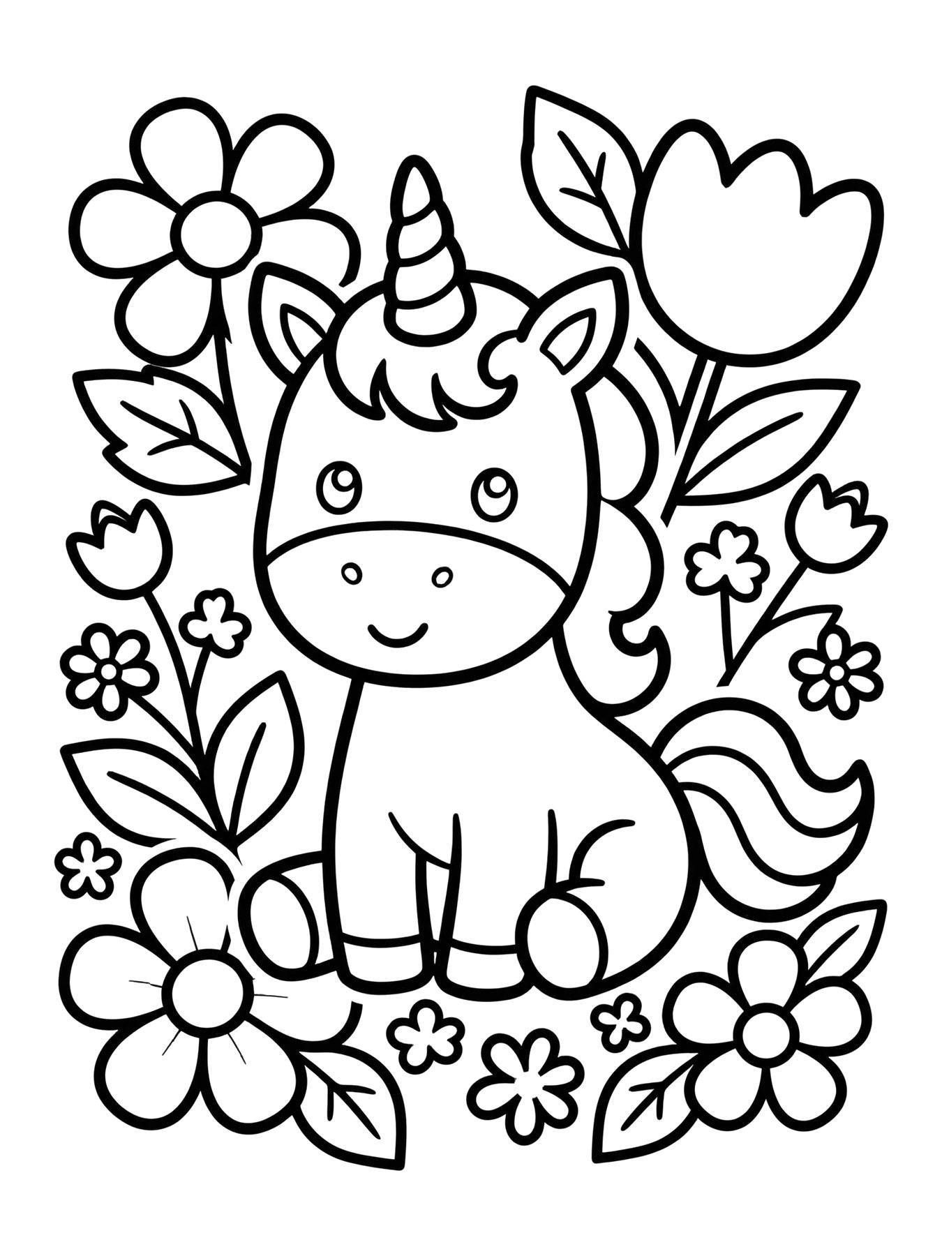 Desenho de cabeça de unicórnio com flores para colorir