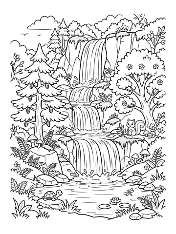 Desenho de cachoeira na floresta para colorir