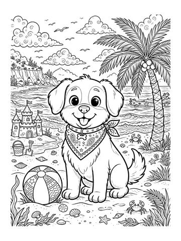 Desenho de cachorro com bandana na praia para colorir