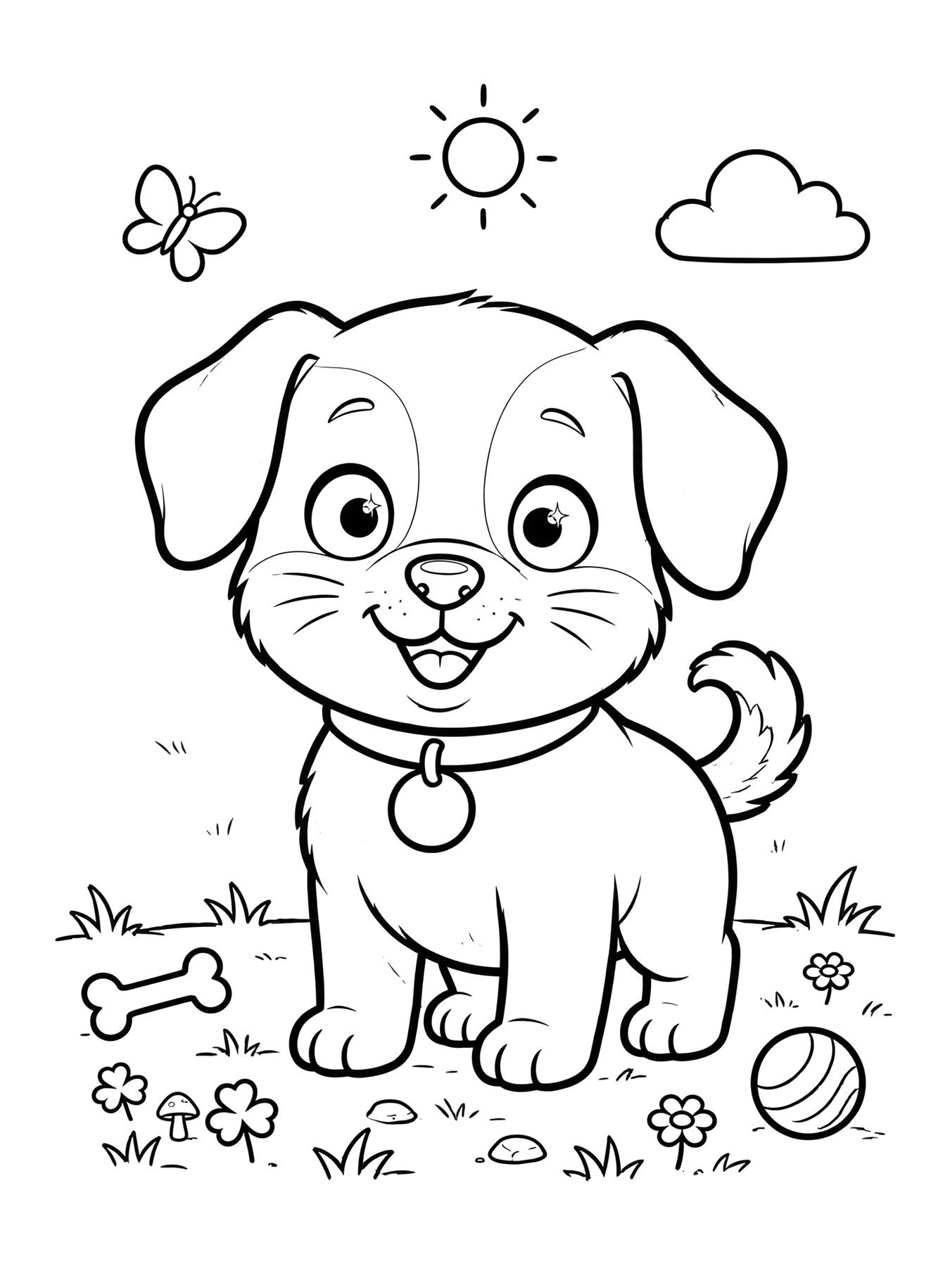 Desenho de cachorro com coleira e plaquinha para colorir