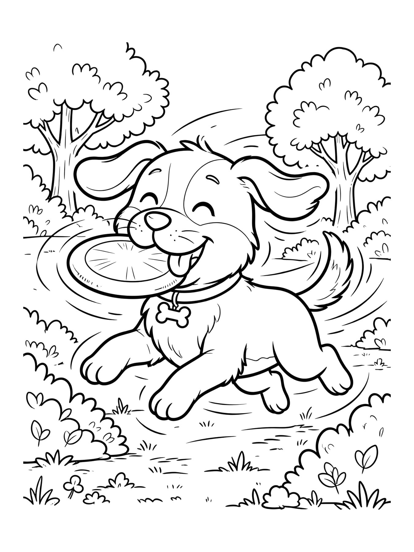 Desenho de cachorro com frisbee para colorir