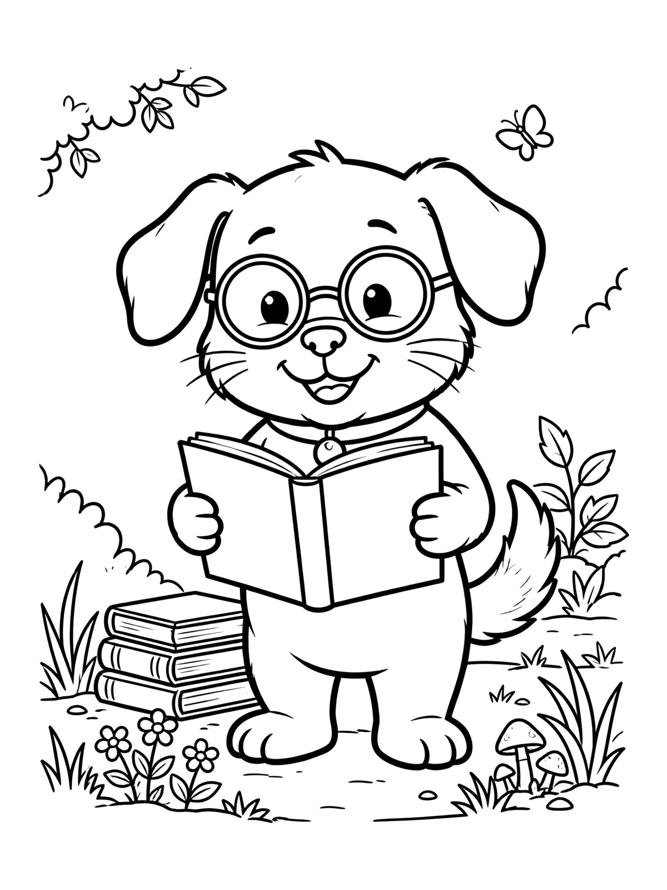 Desenho de cachorro com óculos lendo livro para colorir