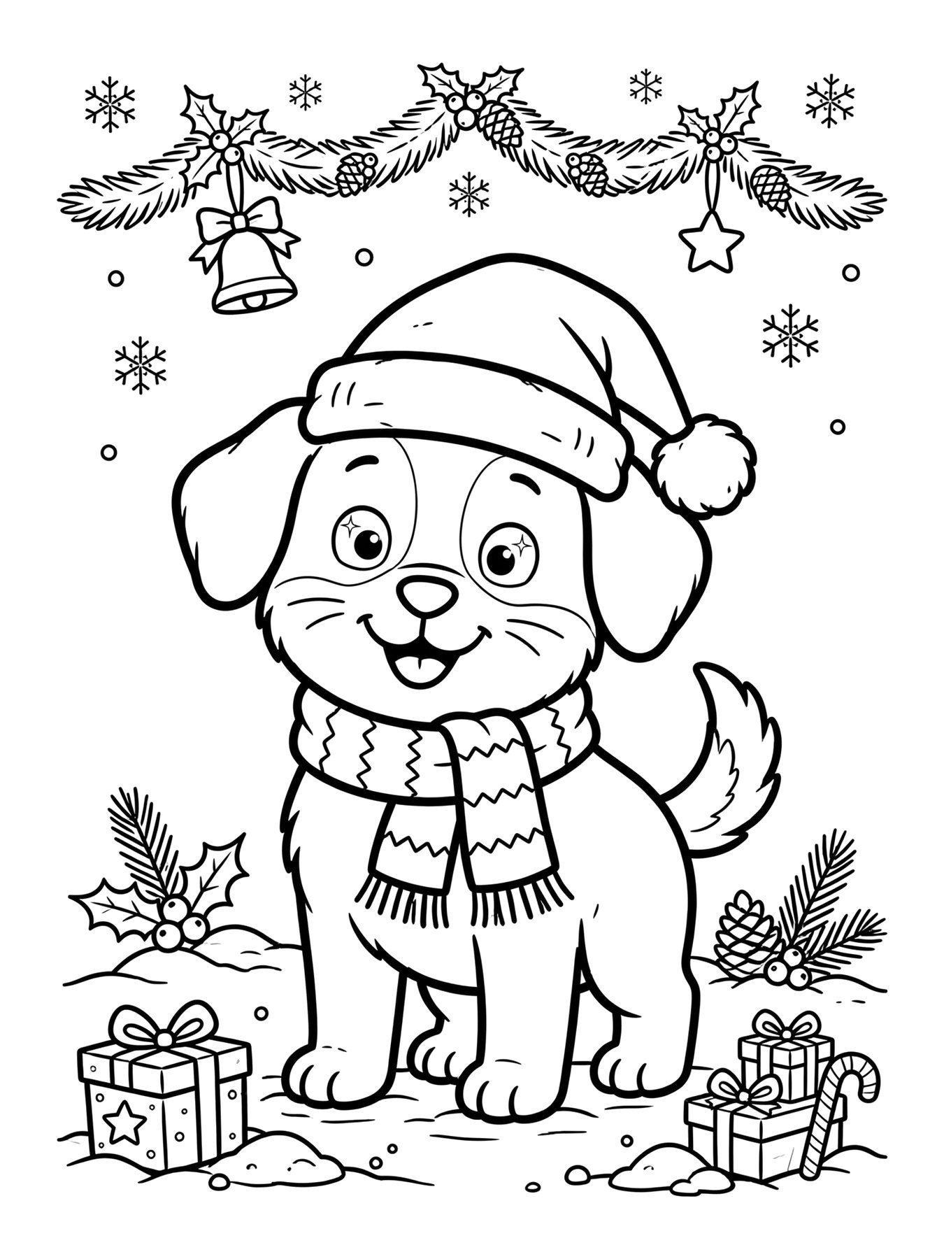 Desenho de cachorro de natal com cachecol para colorir