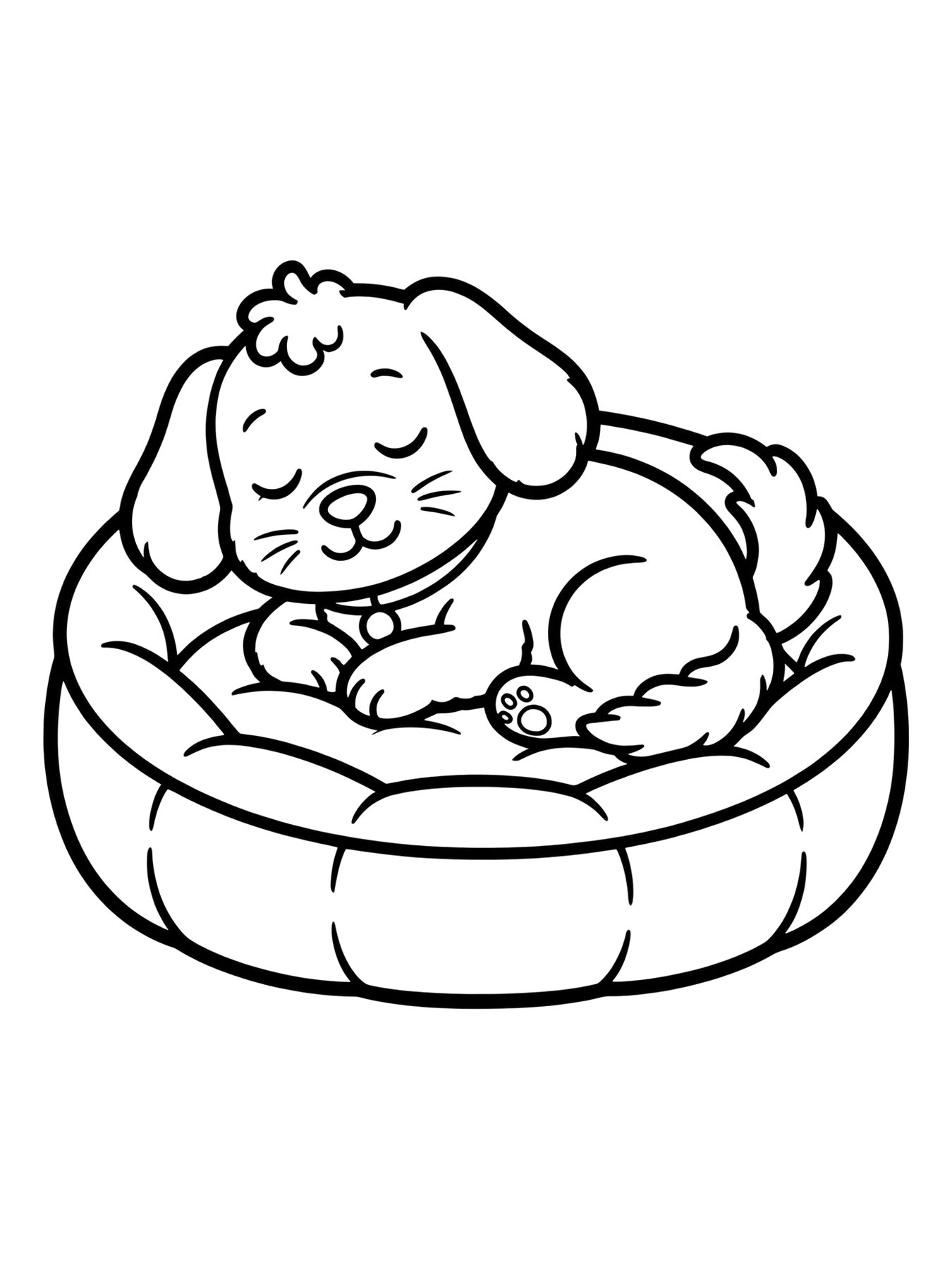 Desenho de cachorro dormindo na caminha para colorir