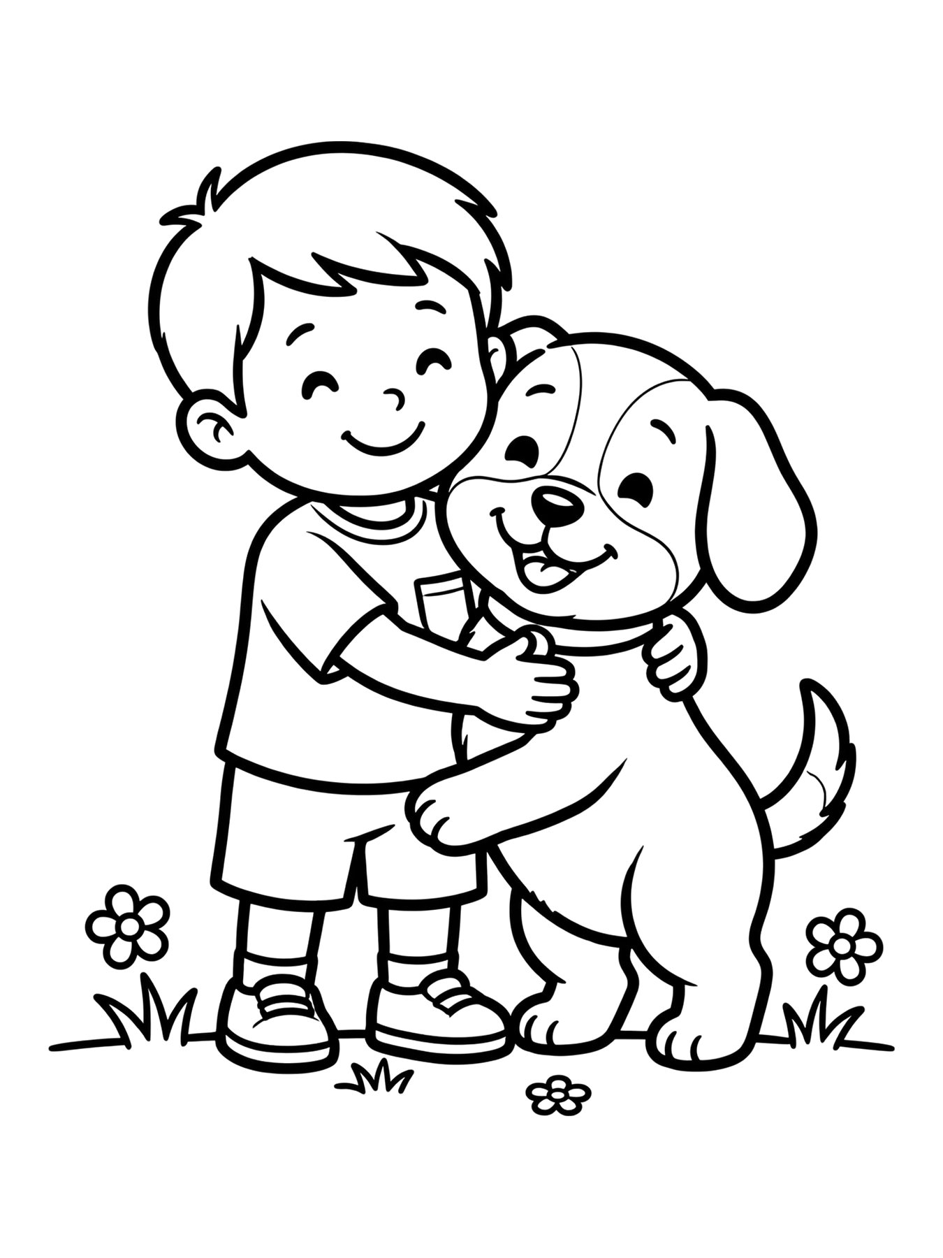 Desenho de cachorro e menino abracados para colorir
