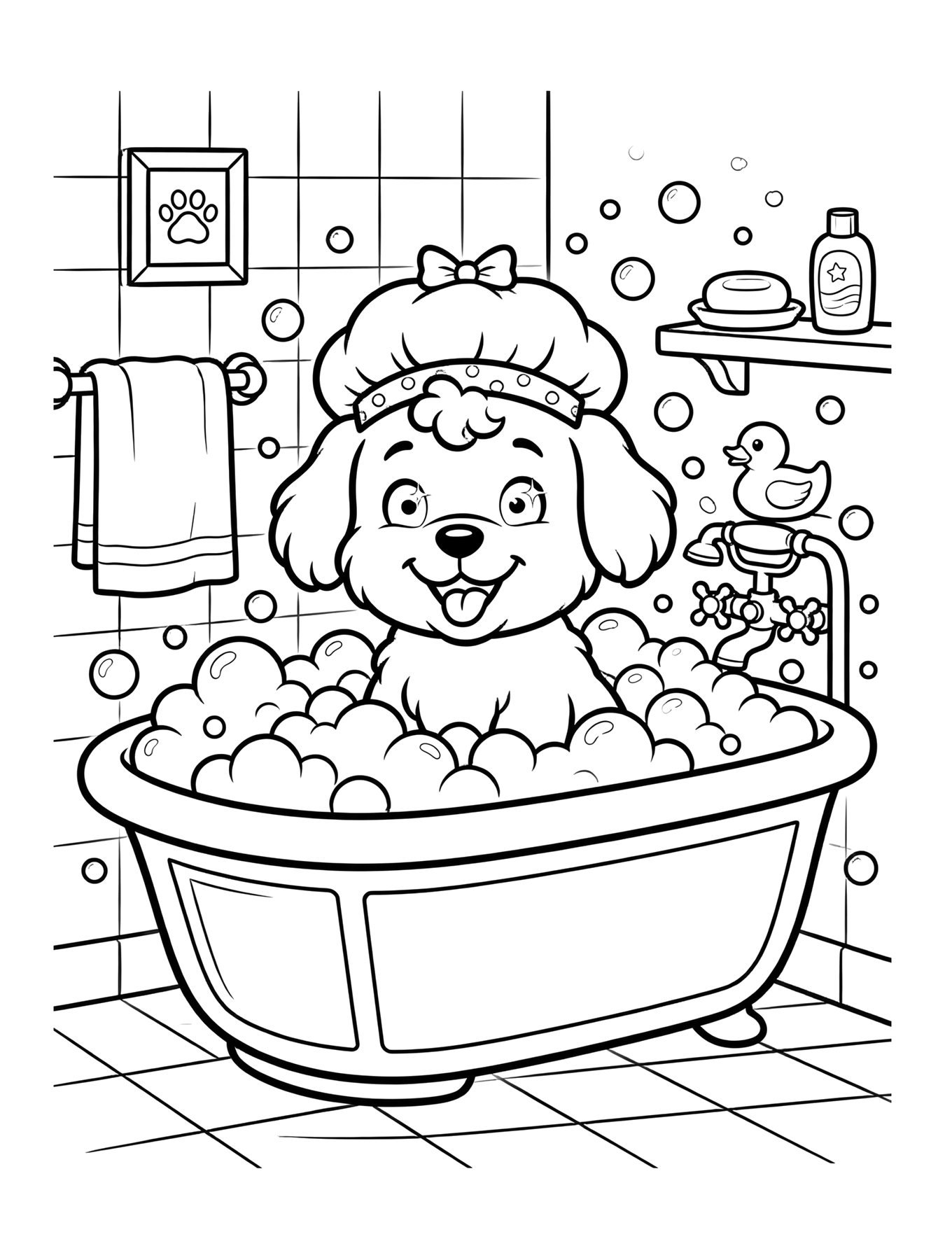 Desenho de cachorro na banheira para colorir