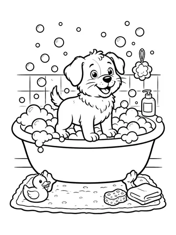 Desenho de cachorro tomando banho com espuma para colorir