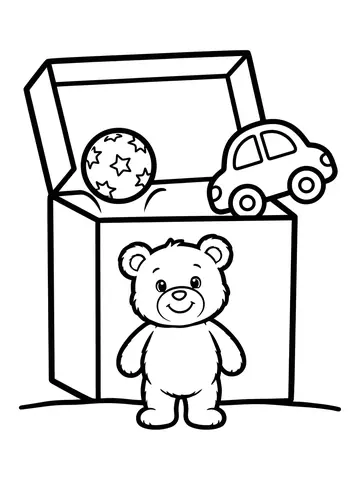 Desenho de caixa de brinquedos com urso, bola e carrinho para colorir