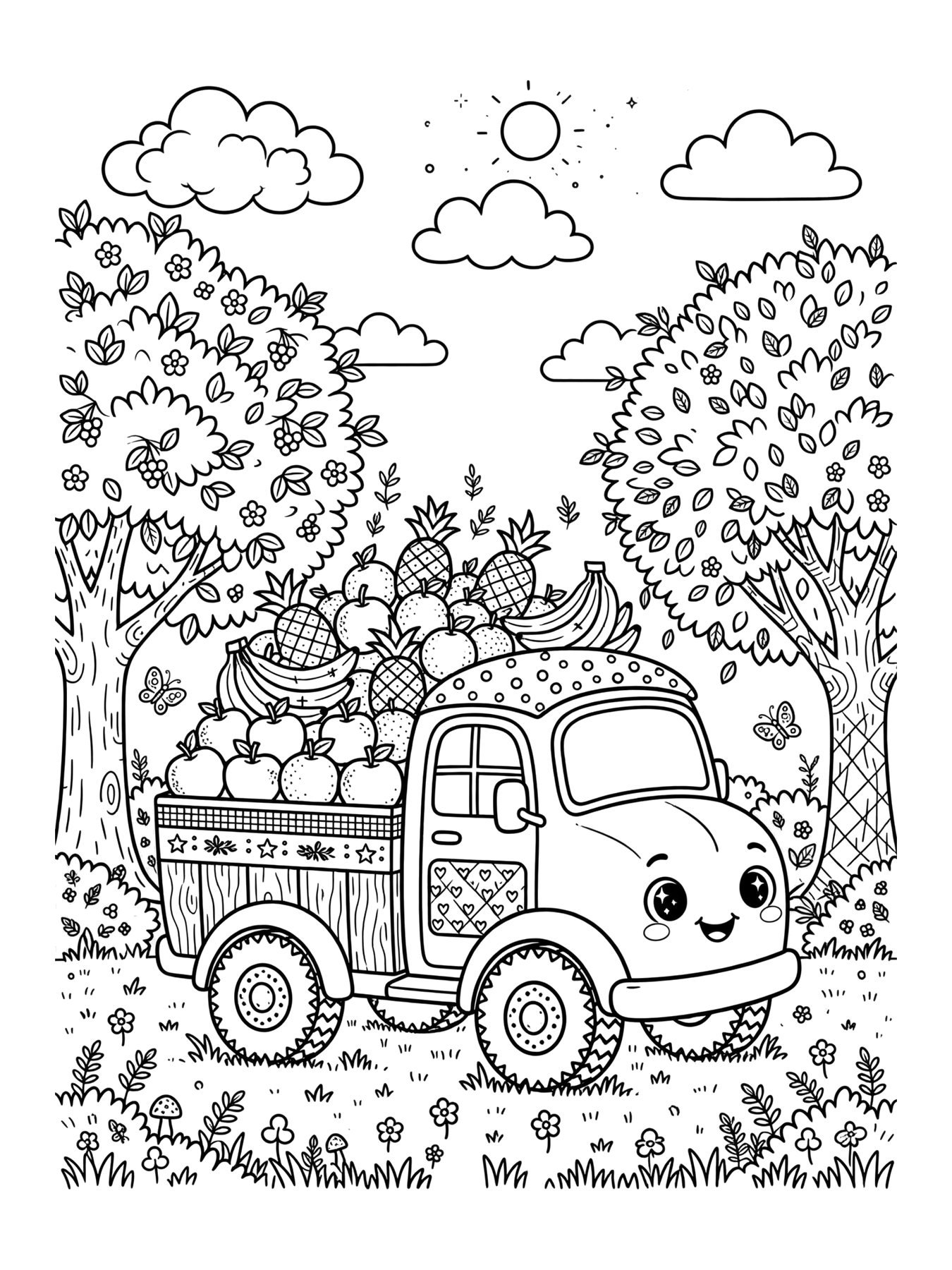 Desenho de caminhão com frutas para colorir
