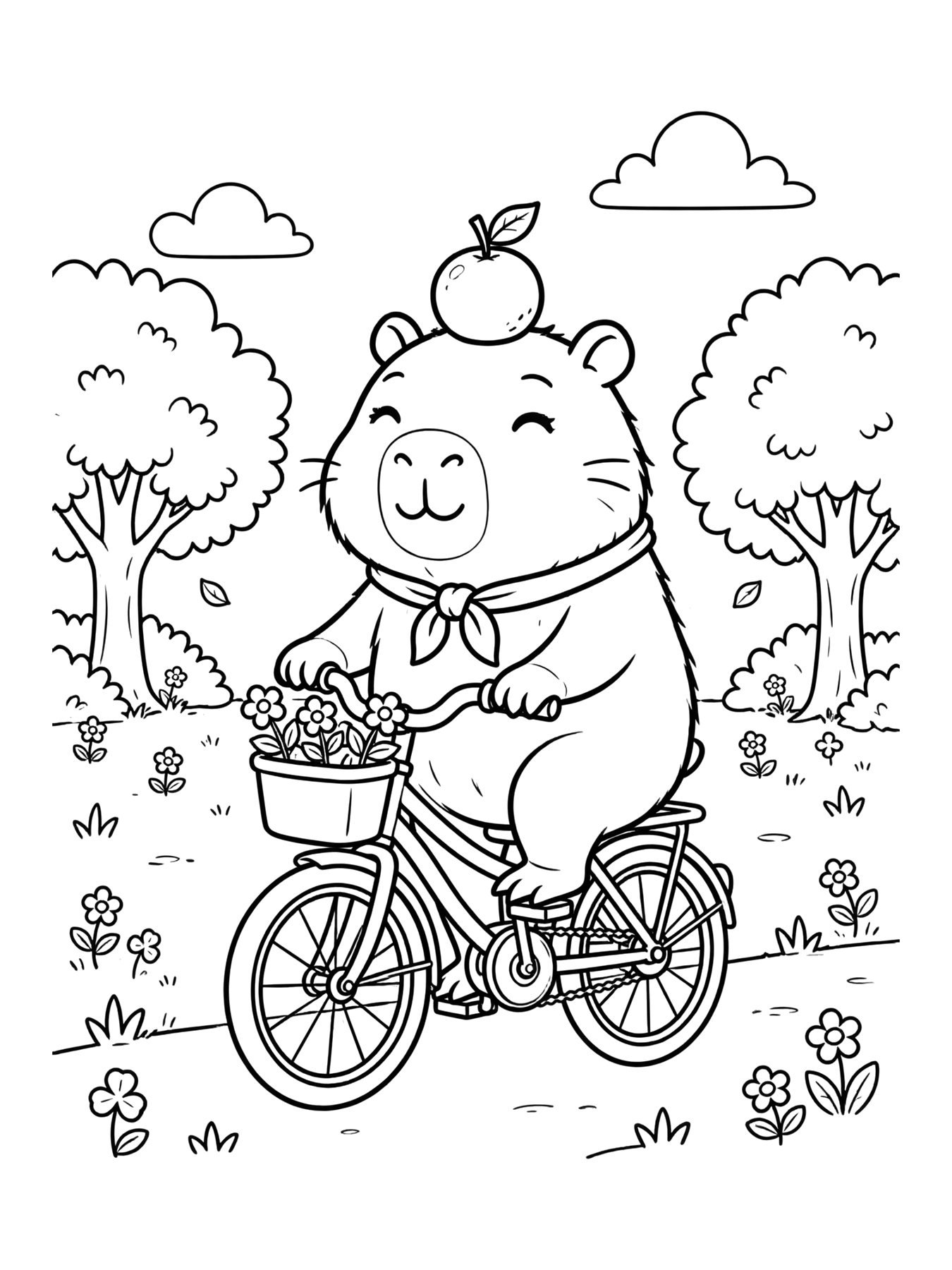 Desenho de capi a capivara andando de bicicleta no parque para colorir