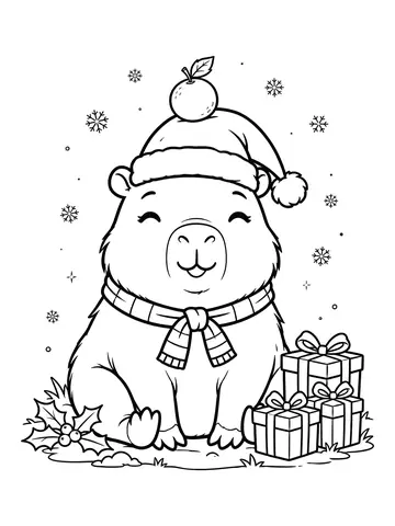 Desenho de capi a capivara com gorro de Papai Noel e presentes para colorir