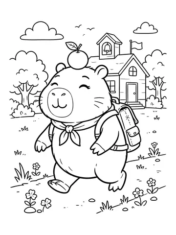 Desenho de capi a capivara com mochila indo para a escola para colorir