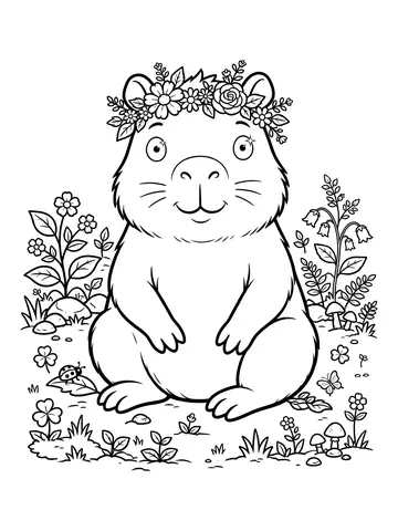 Desenho de capivara com flores na cabeça para colorir