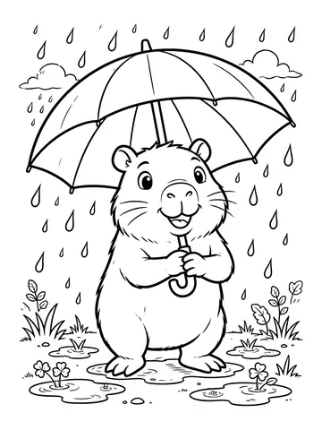 Desenho de capivara com guarda-chuva para colorir