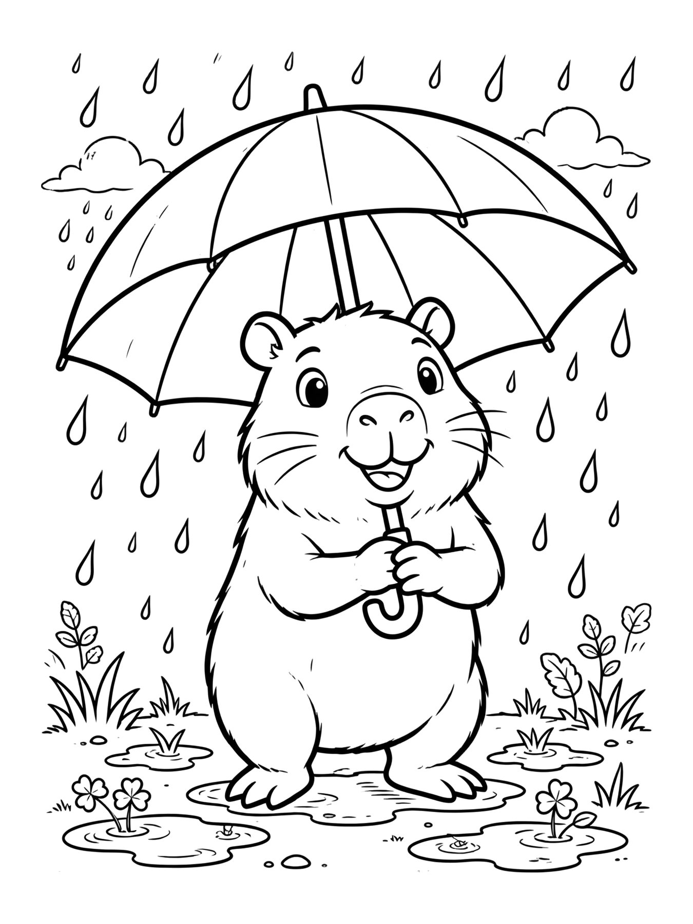 Desenho de capivara com guarda-chuva para colorir