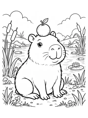 Desenho de capivara sentada na beira da lagoa com uma laranja na cabeça, para colorir