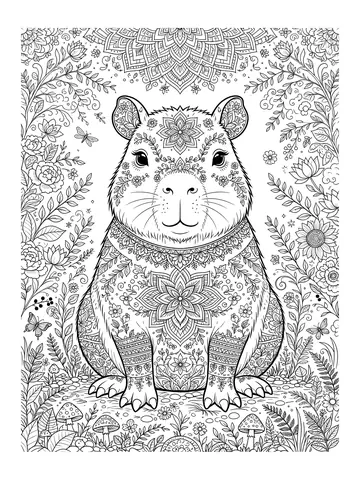 Desenho de capivara com mandala de padrões detalhados para colorir
