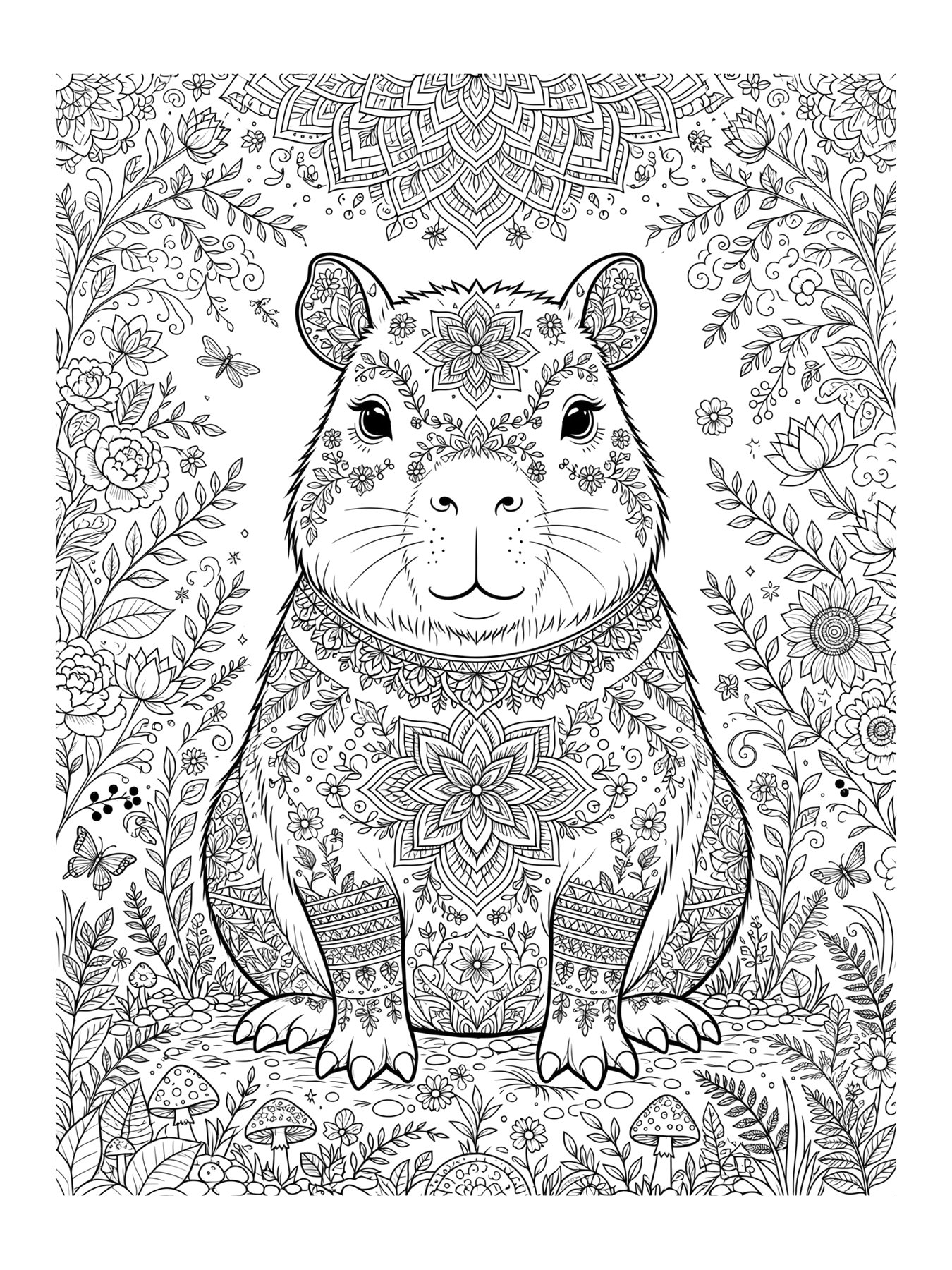 Desenho de capivara com mandala de padrões detalhados para colorir