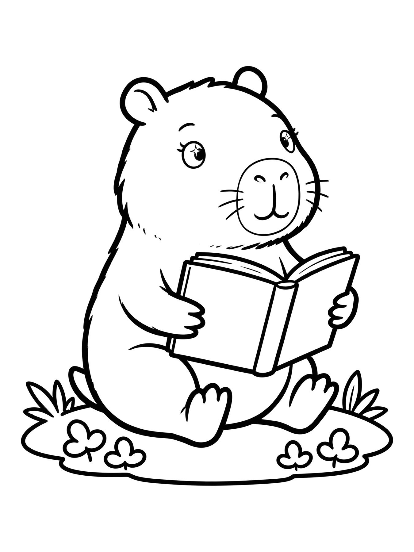 Desenho de capivara lendo um livro para colorir