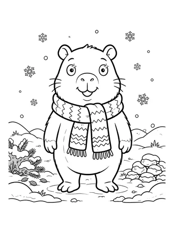 Desenho de capivara na neve com cachecol para colorir