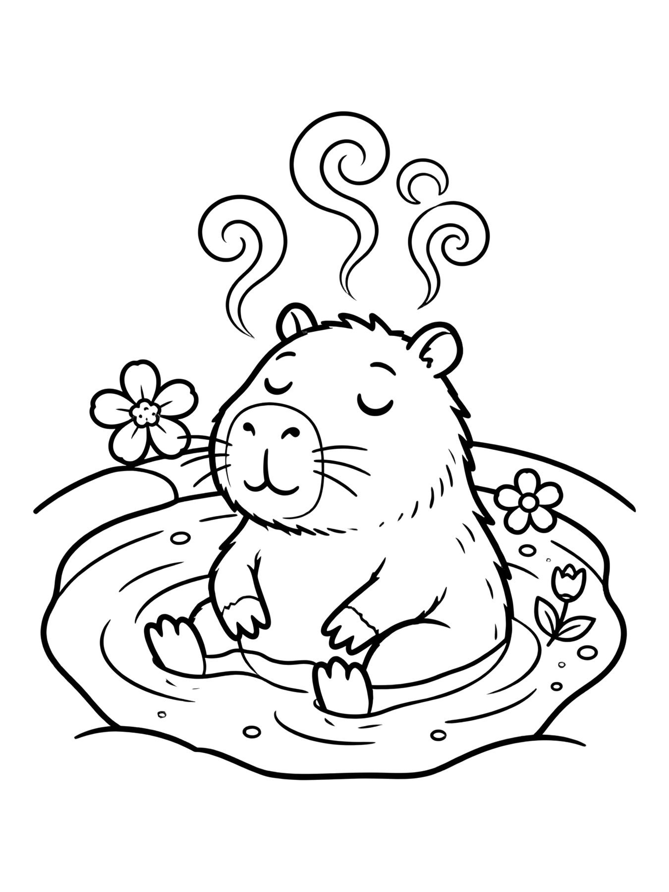 Desenho de capivara relaxando na água quente para colorir