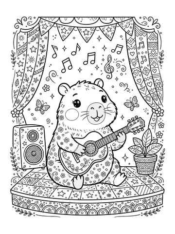 Desenho de capivara tocando violão para colorir