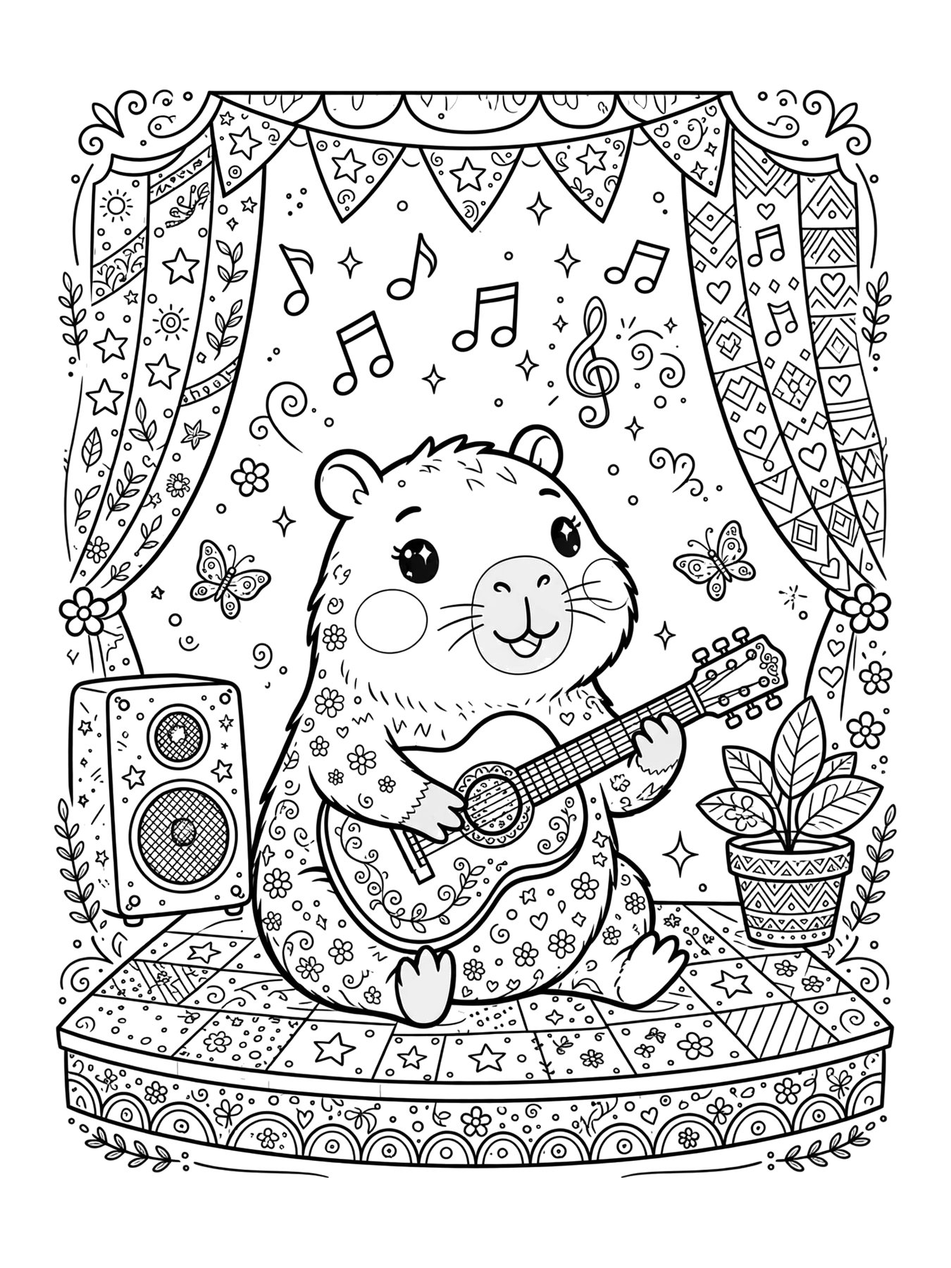 Desenho de capivara tocando violão para colorir