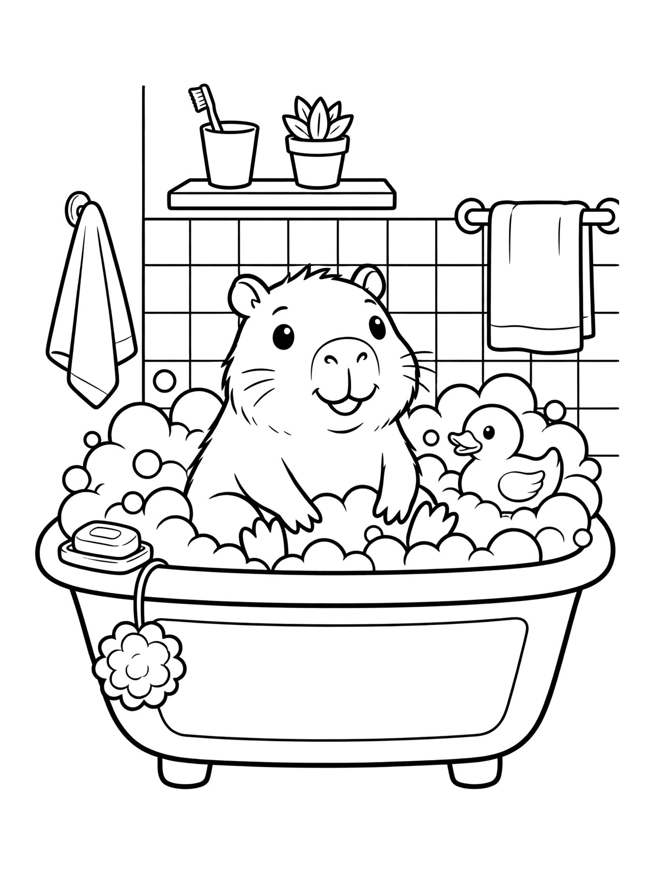 Desenho de capivara tomando banho de banheira com espuma para colorir