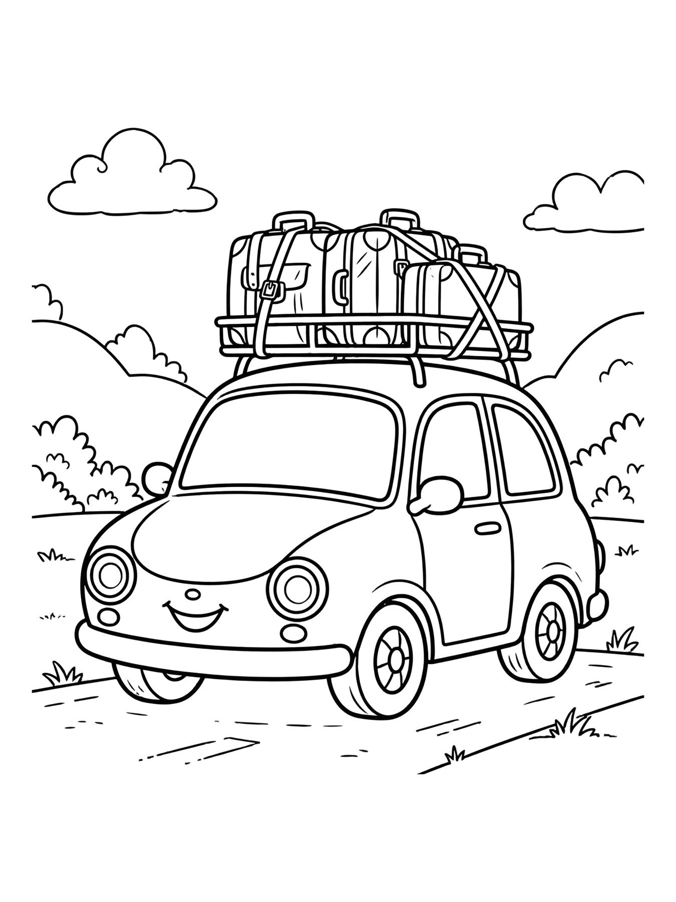 Desenho de carro de família com malas no teto para colorir