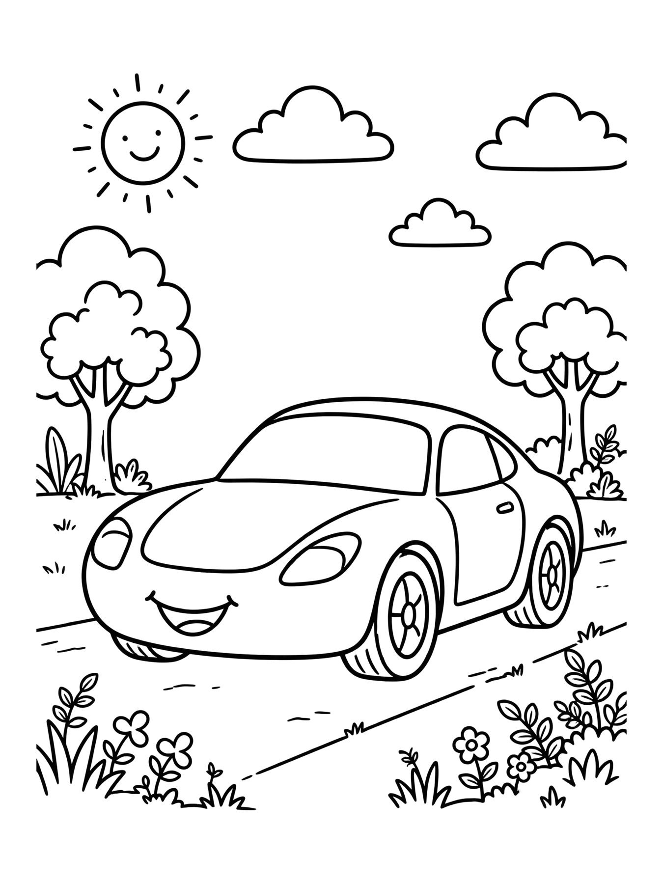 Desenho de carro esportivo na estrada para colorir