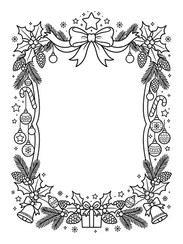 Desenho de cartão de Natal com moldura de enfeites para colorir