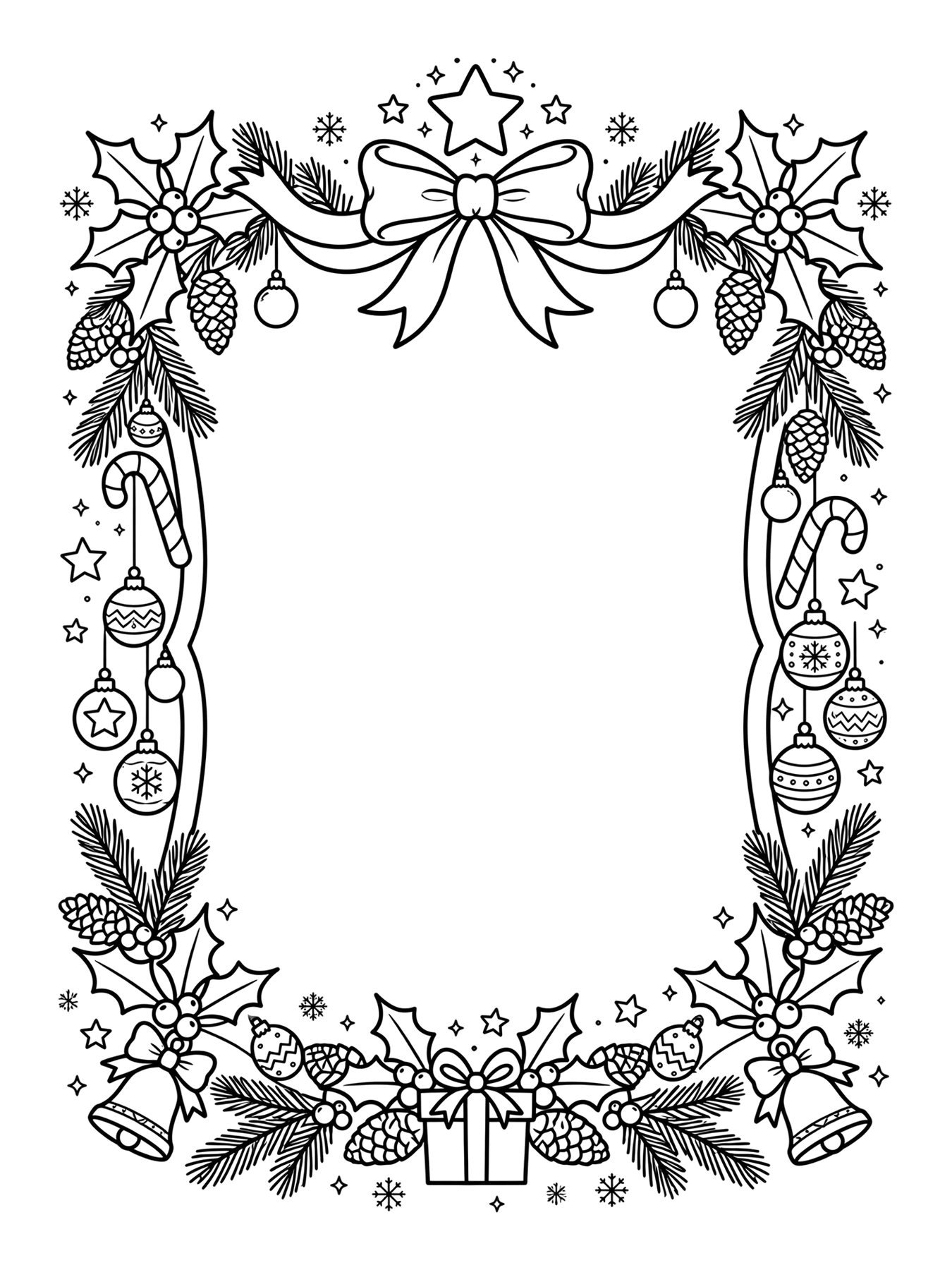 Desenho de cartão de Natal com moldura de enfeites para colorir
