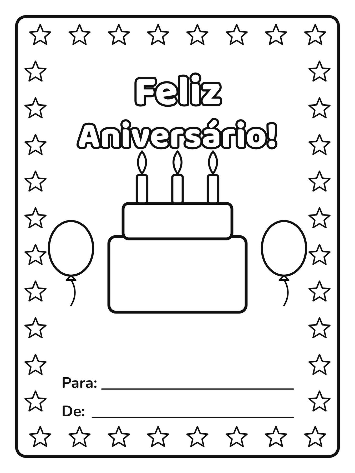 Cartão de Aniversário para colorir com a frase Feliz Aniversário!