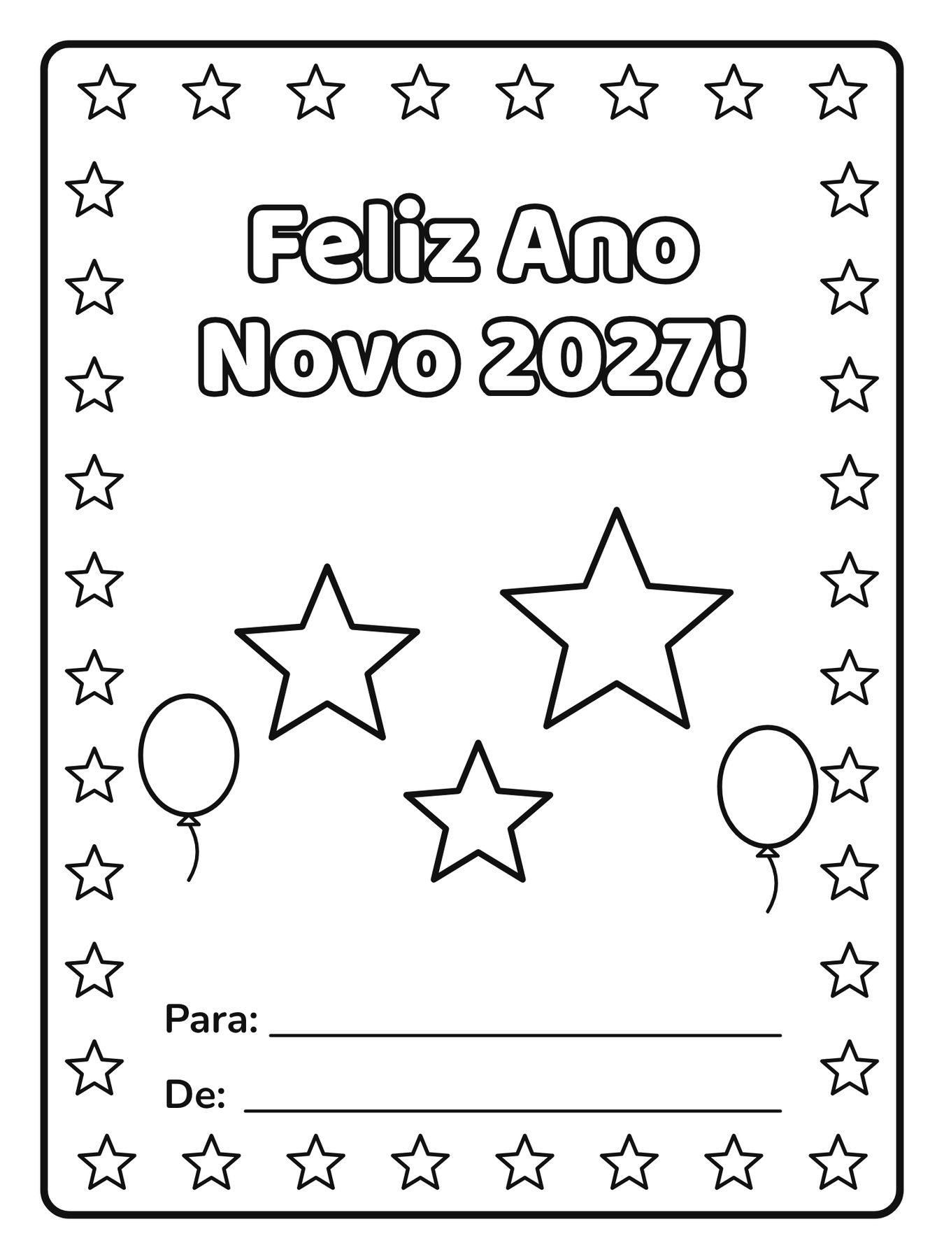 Cartão de Ano Novo para colorir com a frase Feliz Ano Novo 2027!