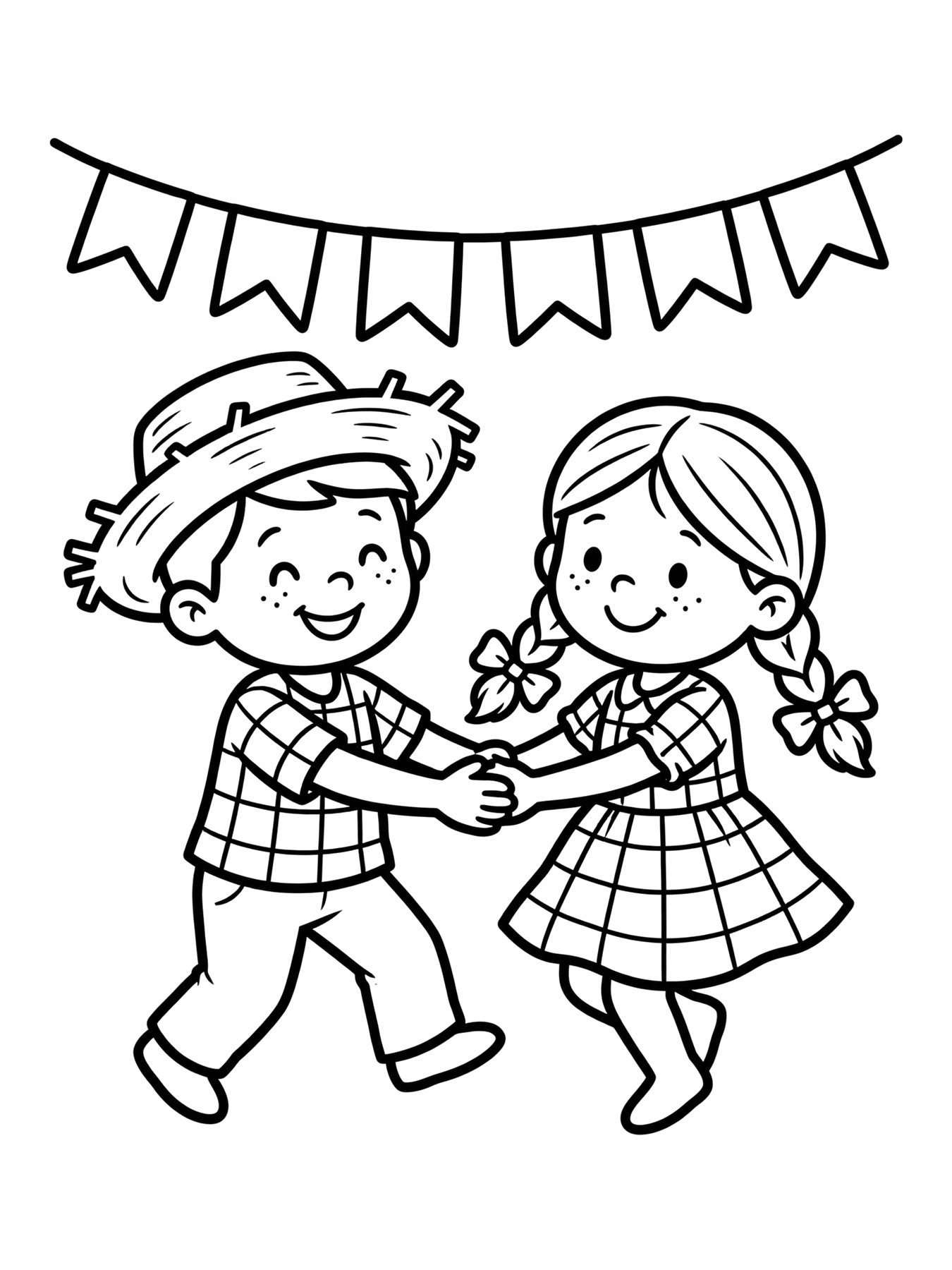 Desenho de casal de caipiras dançando quadrilha para colorir